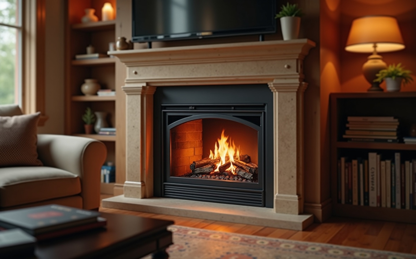 Gas fireplace with warm glowing flames in a real Seattle home living room