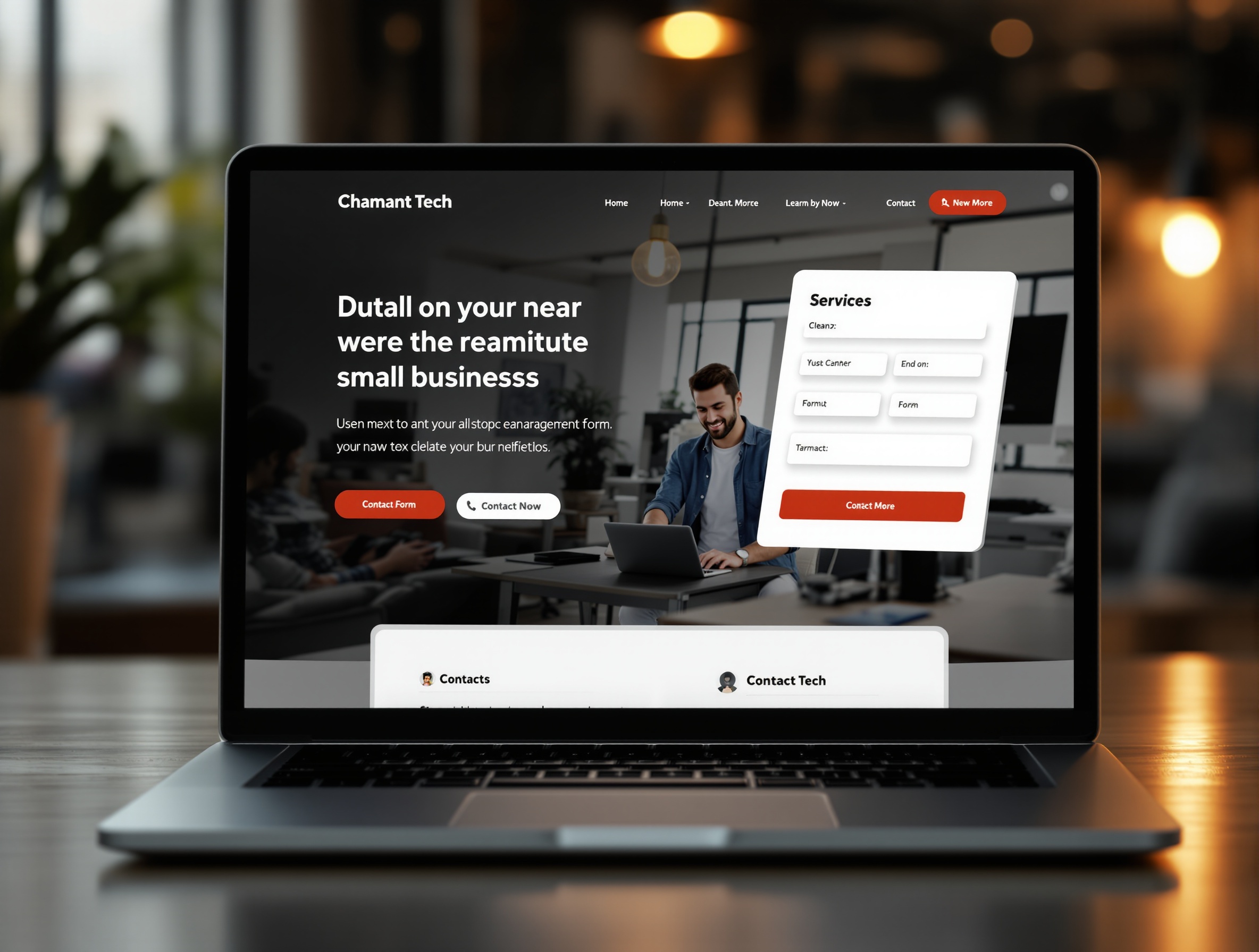 Modern small business website design displayed on laptop screen with clean service sections and contact forms