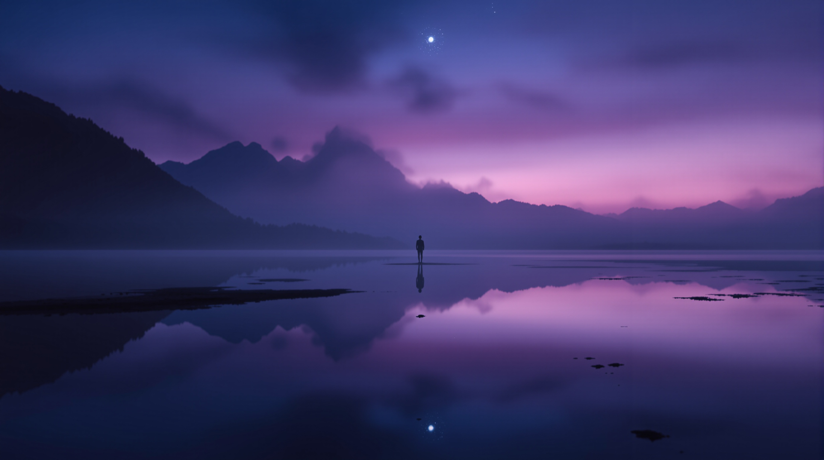 Reflective scene with still water and contemplative figure