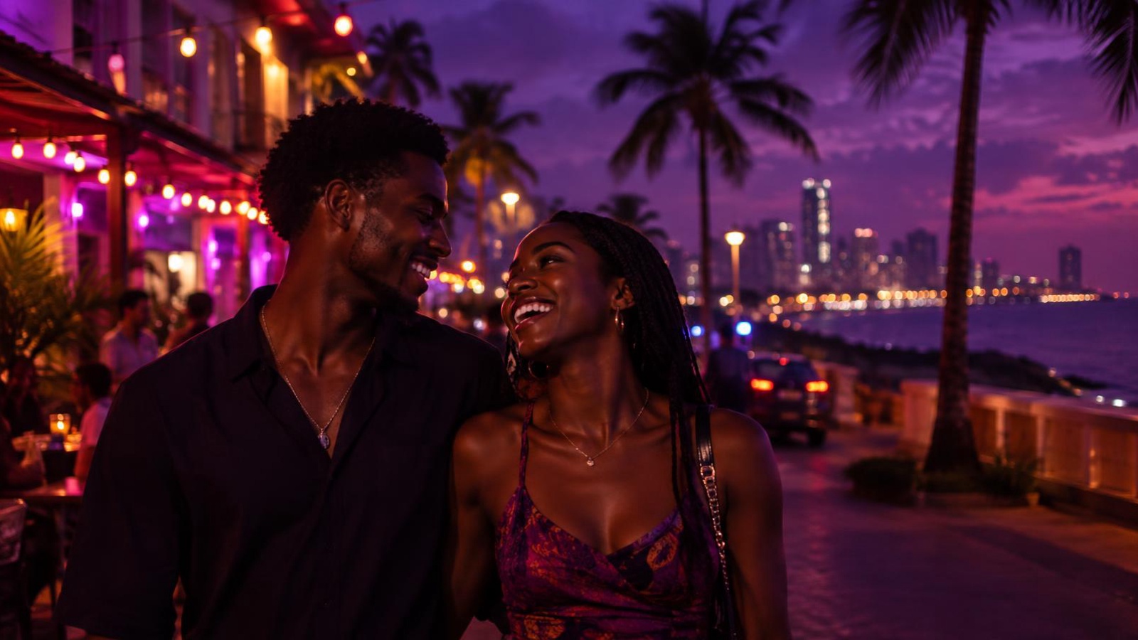 A couple sharing a laugh on a warm, neon-lit Dakar street at night.