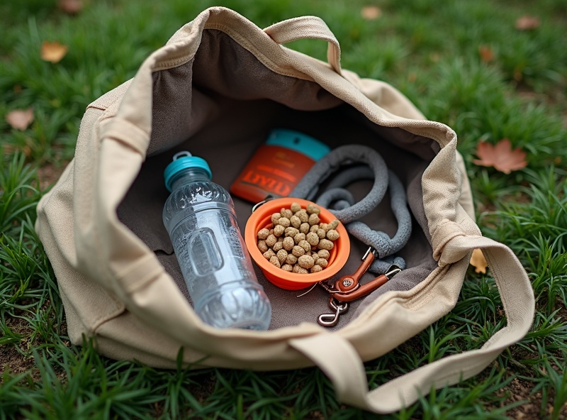 Messy dog walking gear in a backpack