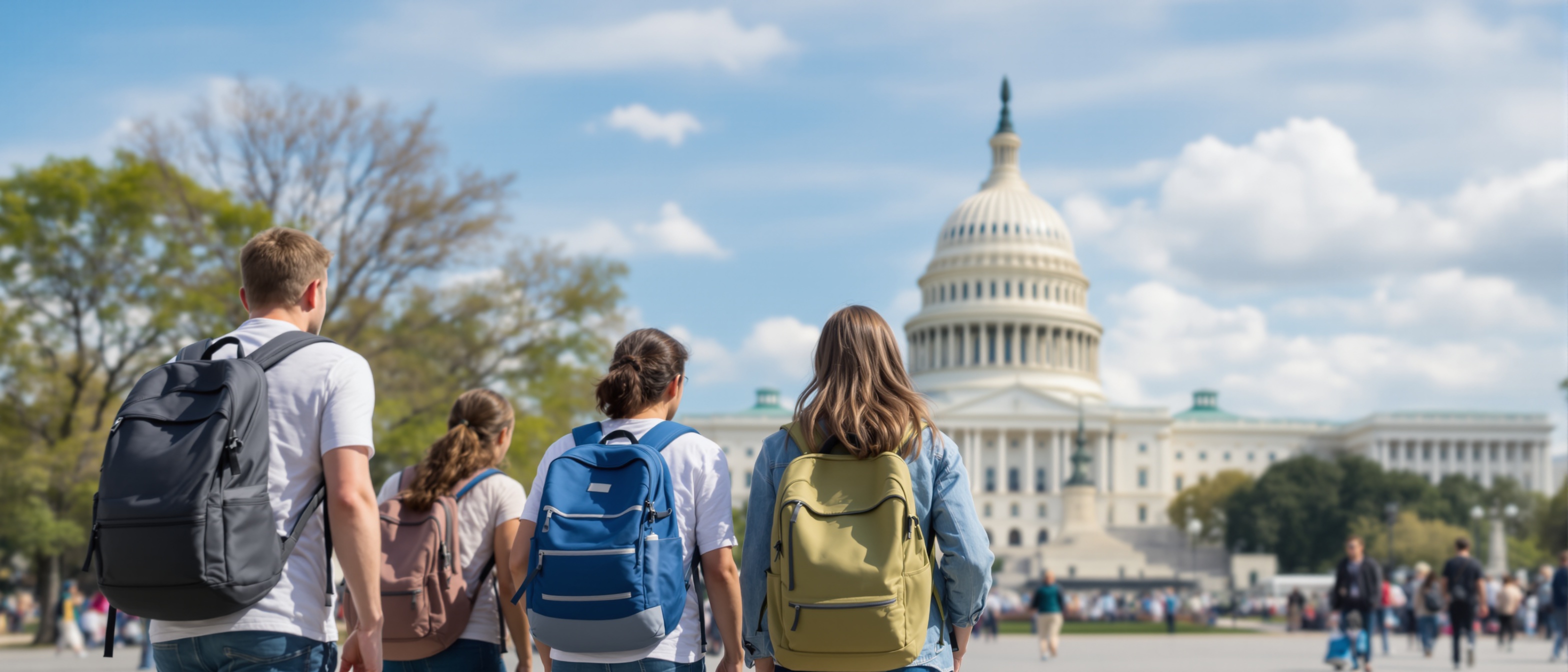 Students on Washington DC school trip with Capitol Building