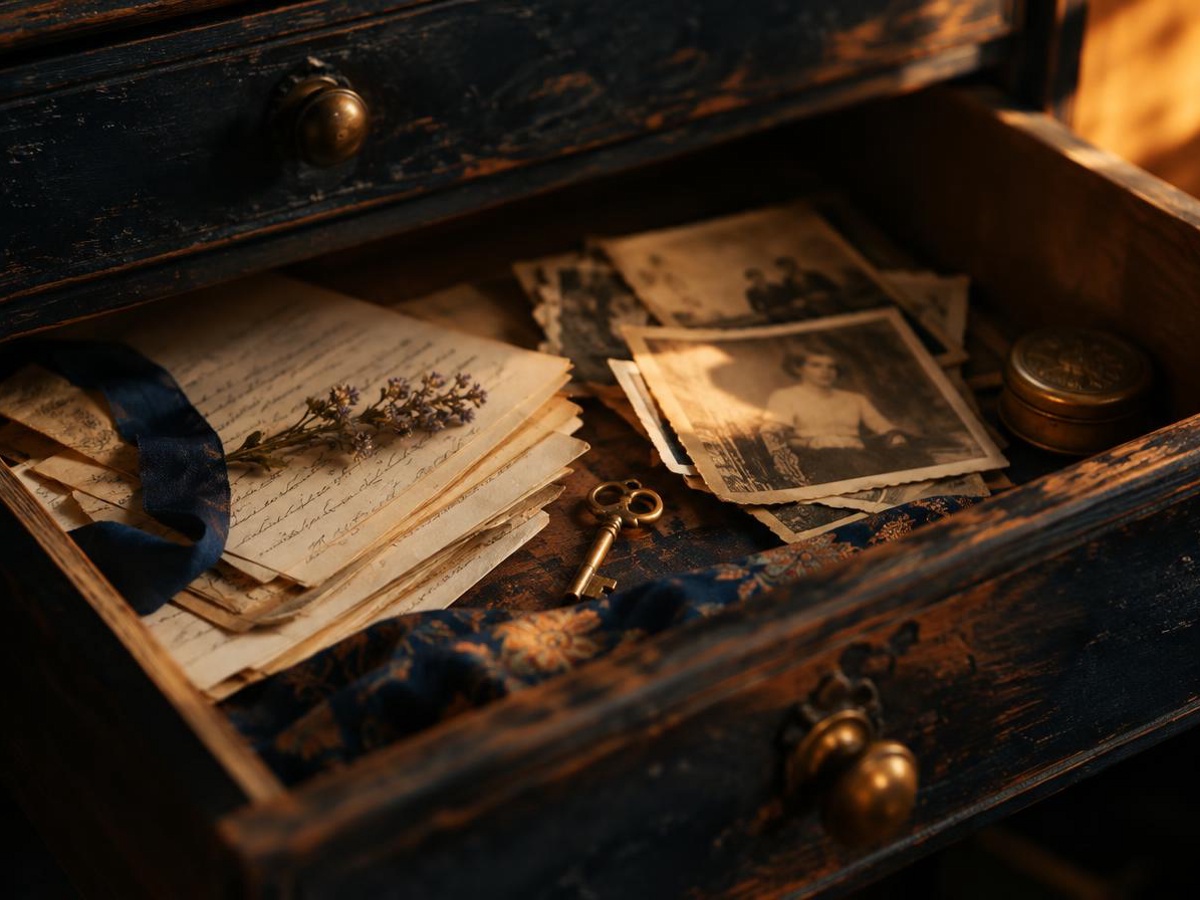Gaveta antiga de madeira entreaberta com cartas escritas à mão, fotografias antigas e uma pequena chave de latão sob luz dourada