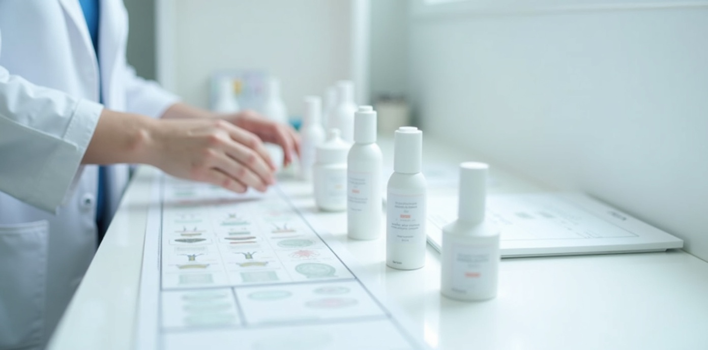 Premium Korean cosmetics quality control laboratory with scientist examining certified products alongside quality badges and compliance documents