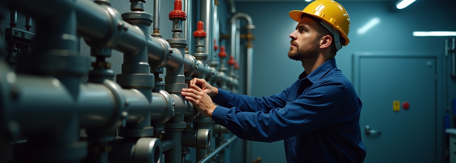 Commercial plumber working on large-scale plumbing system