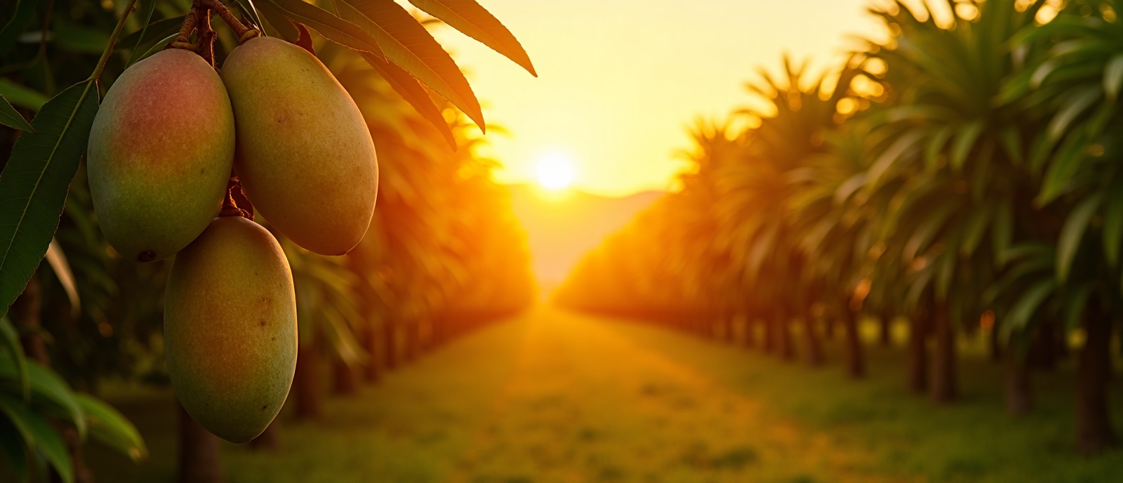 Mango orchard at sunset