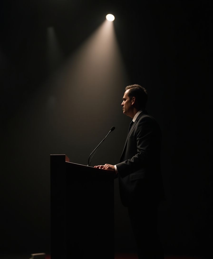 Executive speaker at a podium under dramatic stage lighting