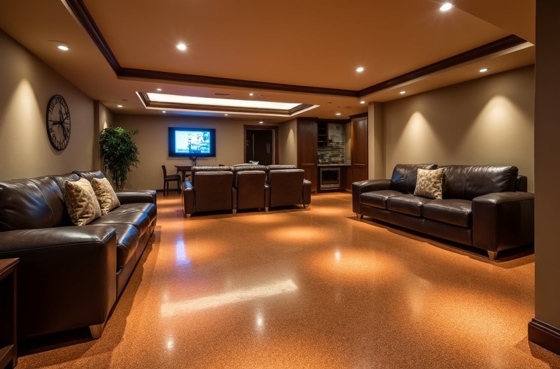Beautiful residential epoxy basement floor in warm bronze tones