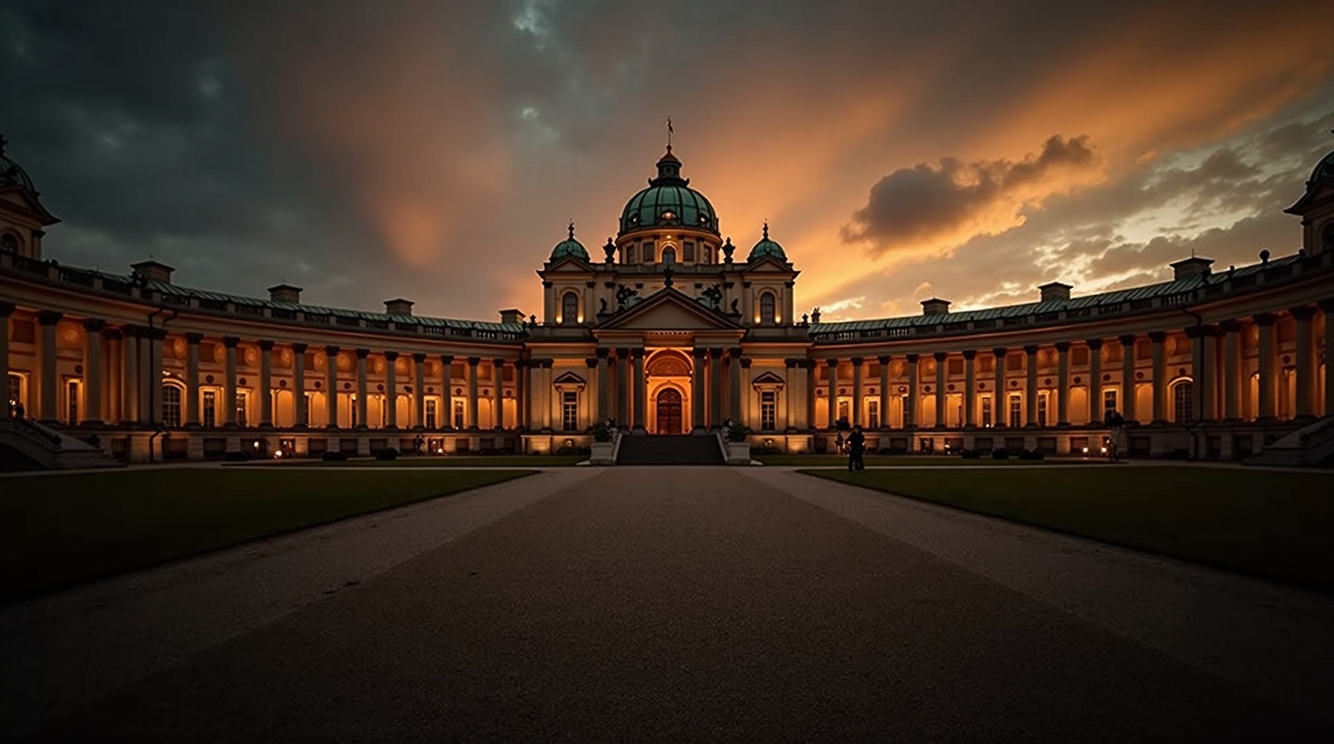 European institutional building at golden hour