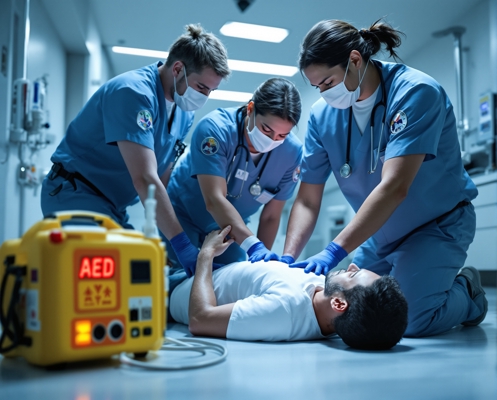 Equipe médica realizando RCP com DEA