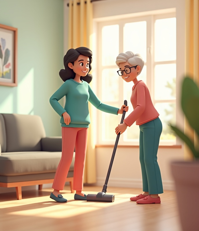 Support worker helping client with home cleaning
