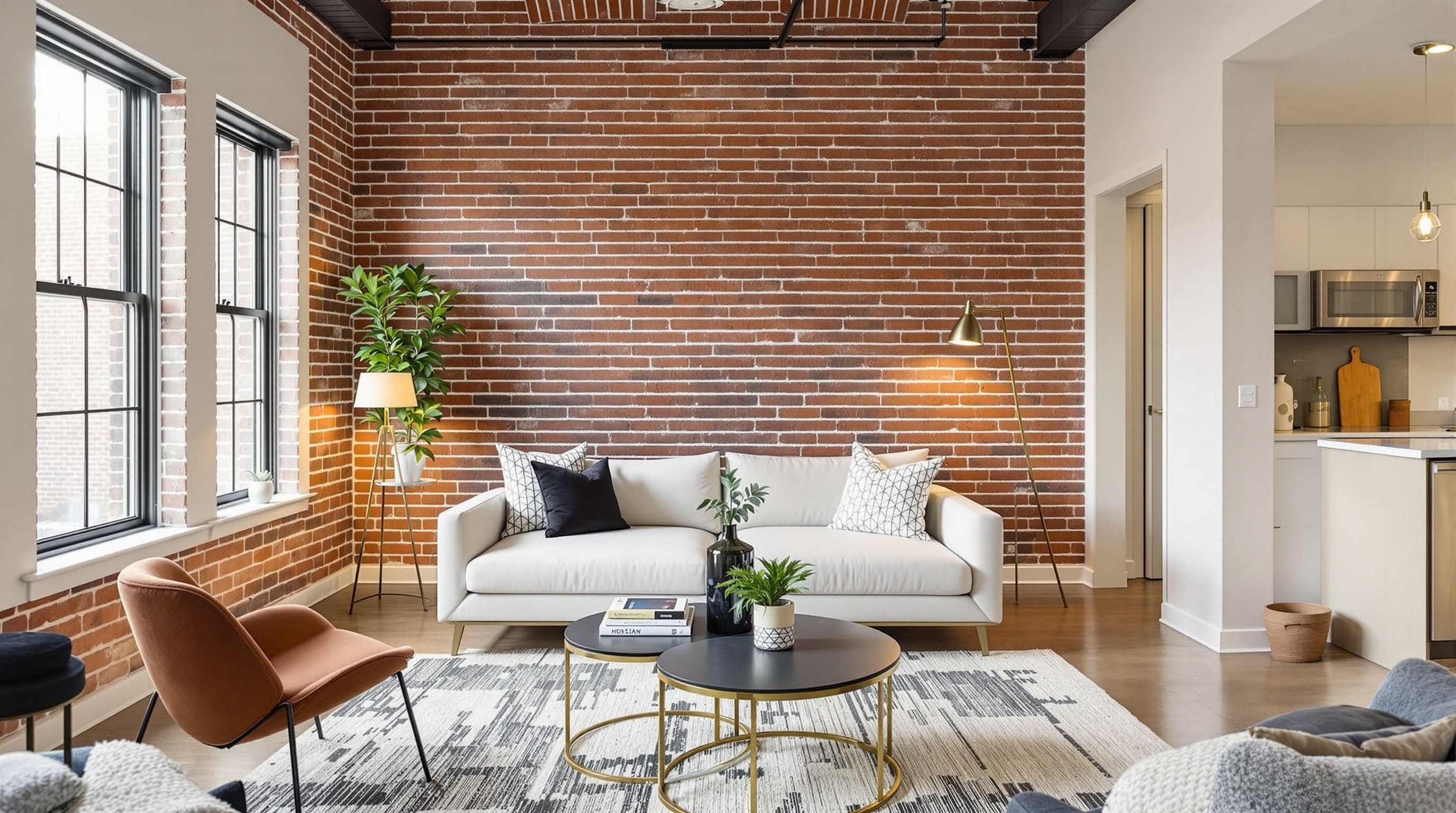 Stylish Houston Airbnb short-term rental interior photographed for listing — warm ambient lighting in a Montrose loft-style space