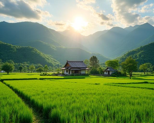 有機米と古民家の風景