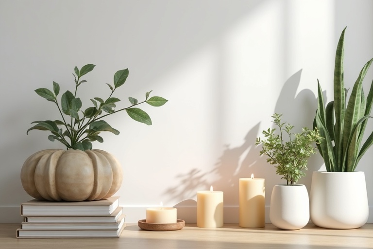 Styled home decor vignette with plants books and candles