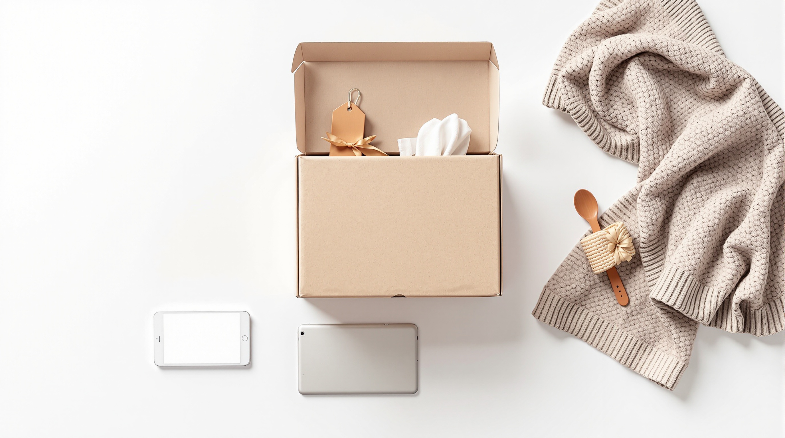 Delivery package with fashion items and digital tablet showing workflow