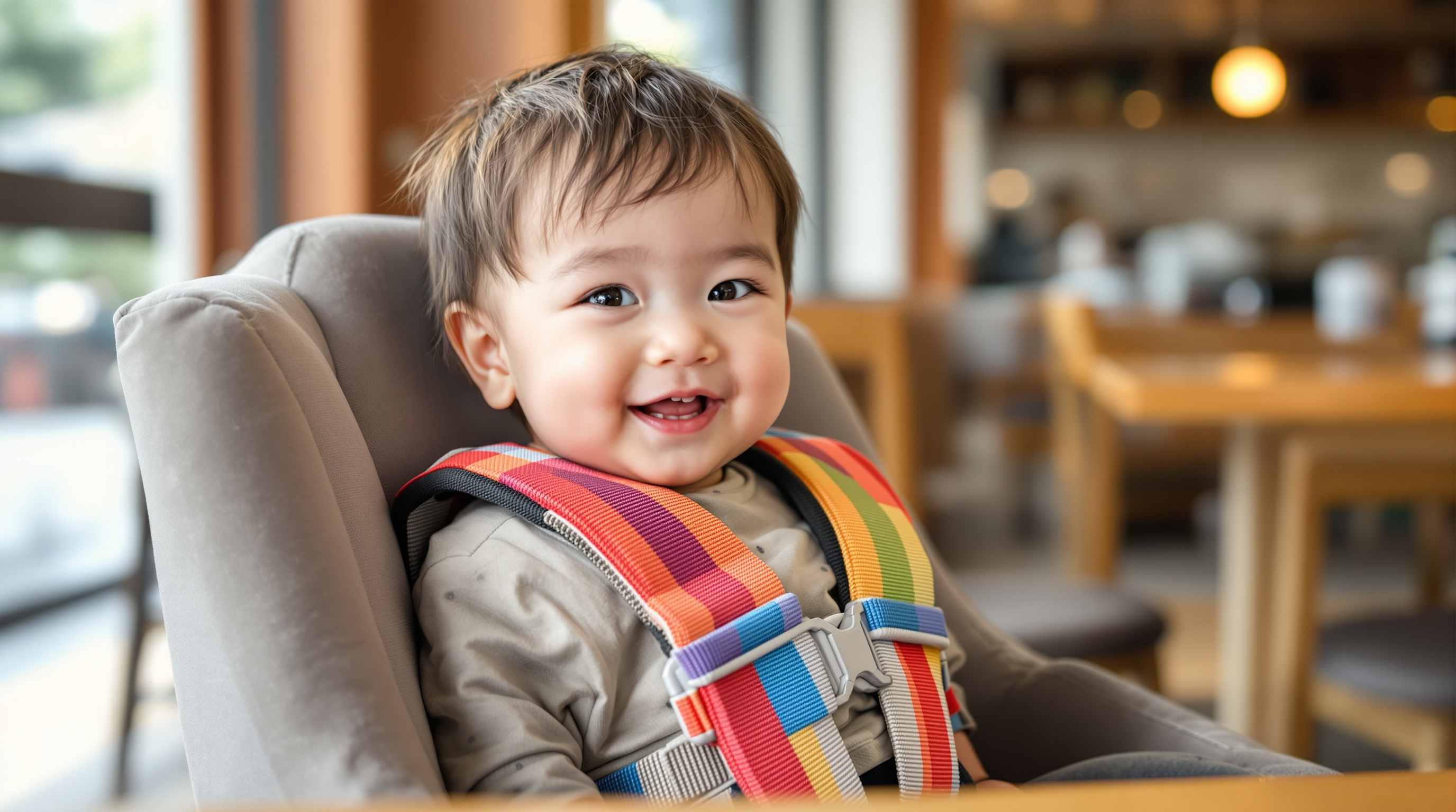 チェアベルトを使って安全に外食を楽しむ赤ちゃん