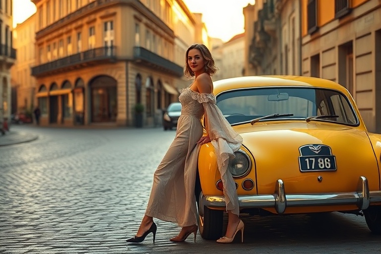 Old car on the European background