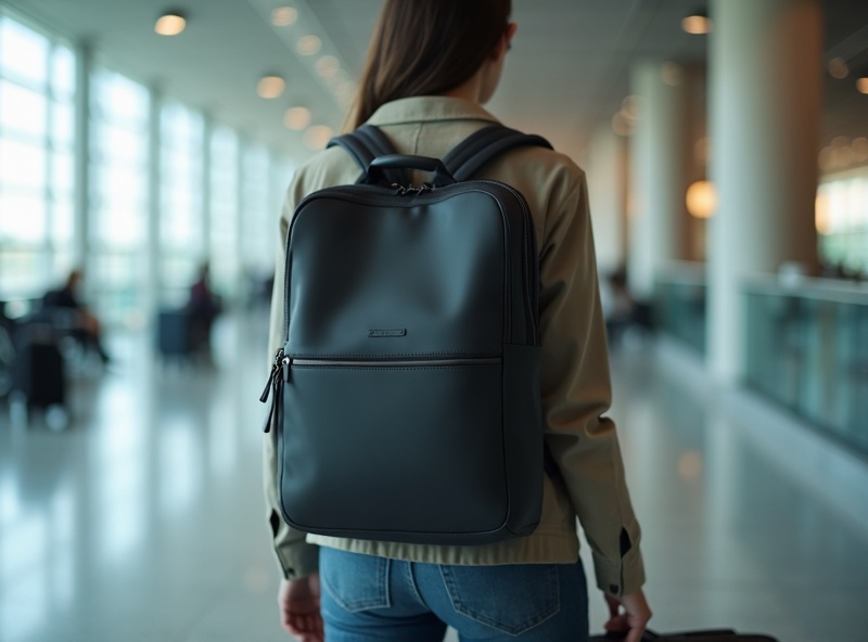 traveler with tomtoc backpack at airport