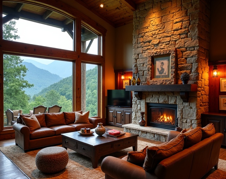Glen Falls Luxury Cabin in Highlands, NC — interior living room with stone fireplace