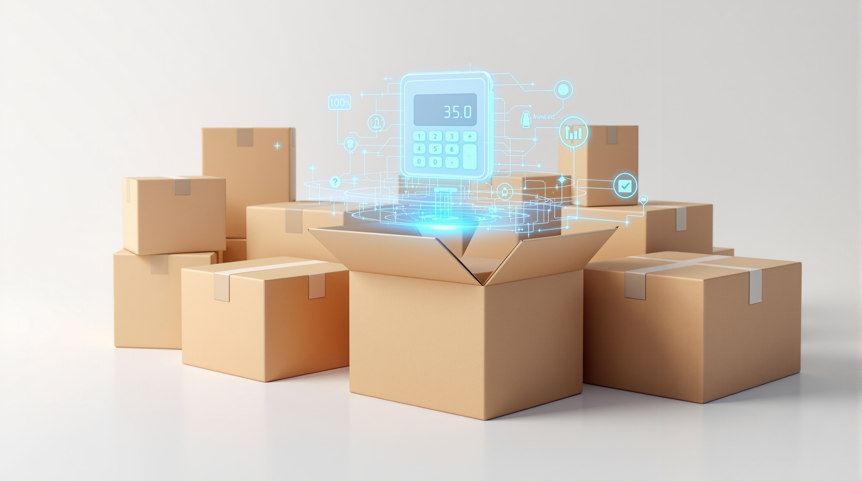 3D render of shipping boxes with a floating holographic calculator interface in a clean studio setting