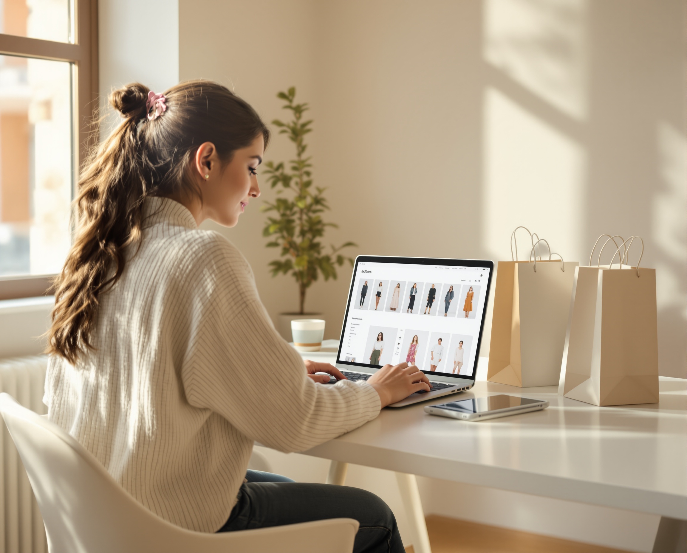 Happy shopper using litbuy spreadsheet on laptop to find fashion deals online