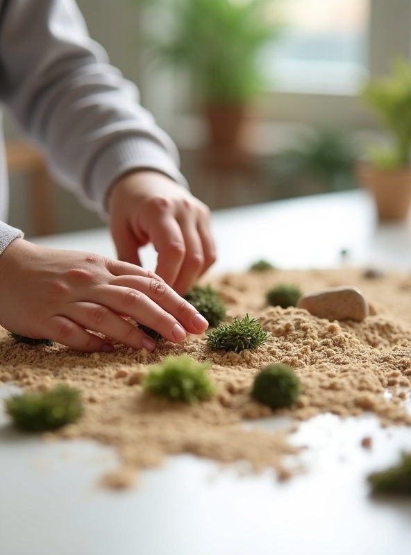 Child creating with natural materials