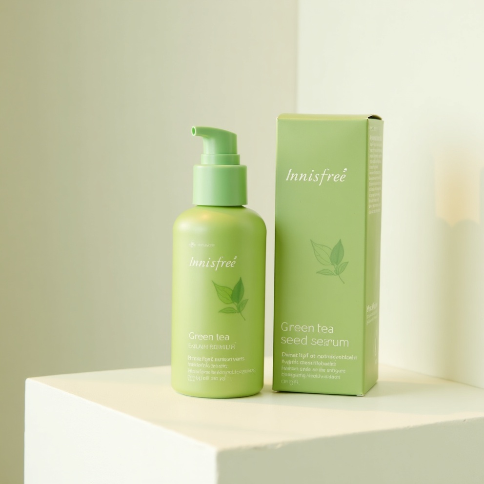 Innisfree Green Tea Seed Serum in natural green packaging on clean white background