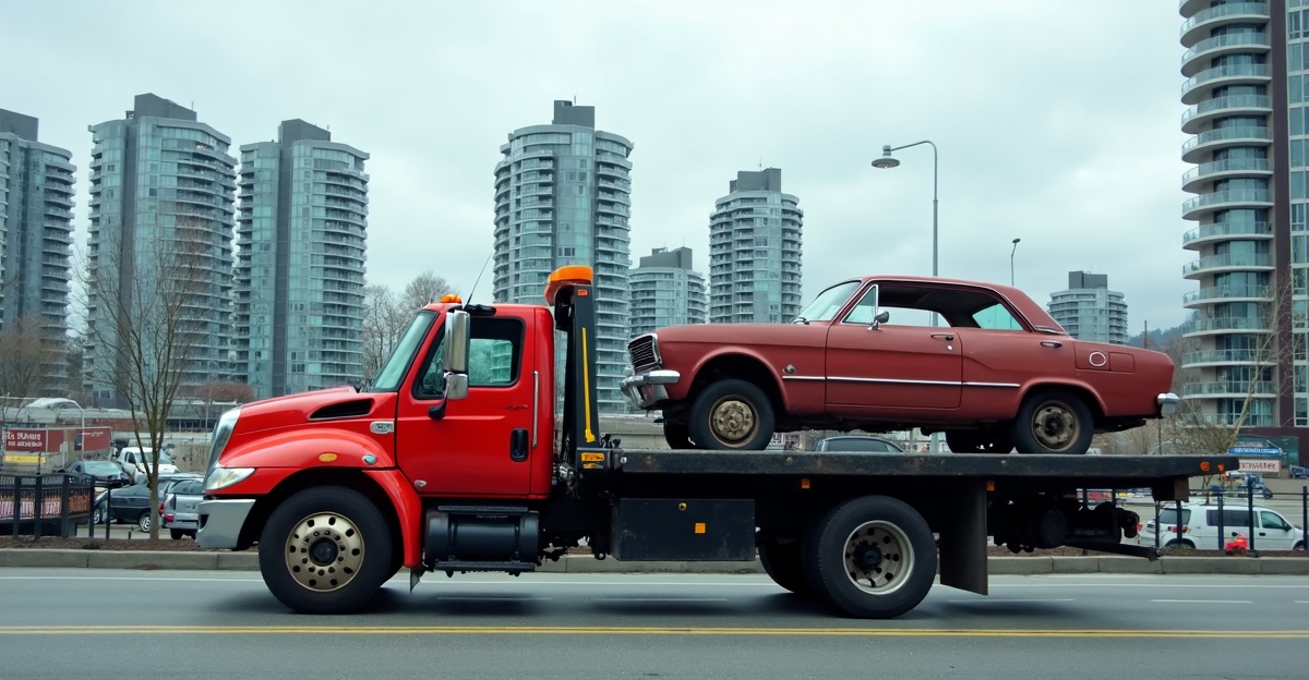 Flatbed tow truck removing an old sedan from a street in Lower Lonsdale near the waterfront with Lonsdale Quay, the shipyards district, and Burrard Inlet in the background