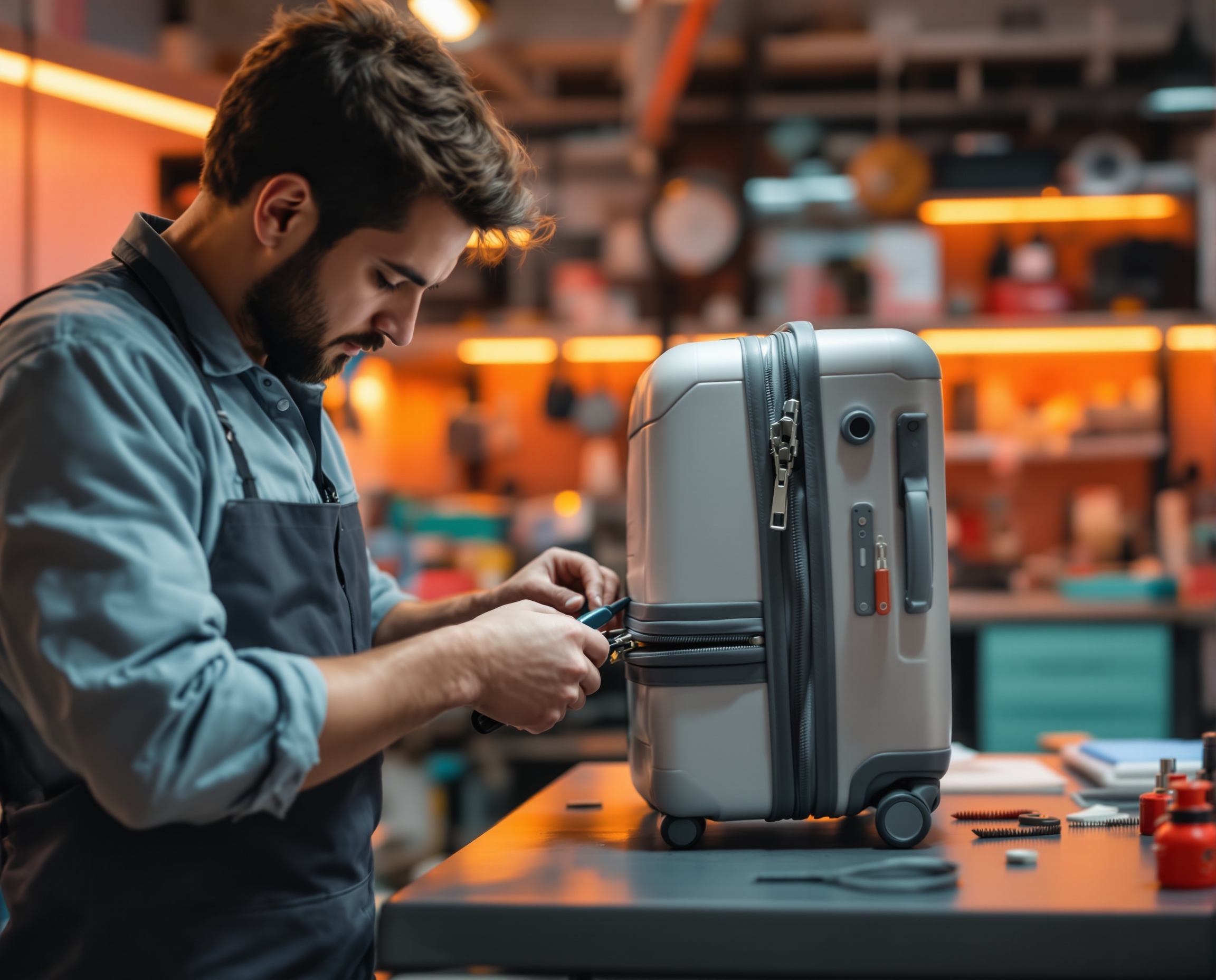 Technicien réparant une valise premium en atelier