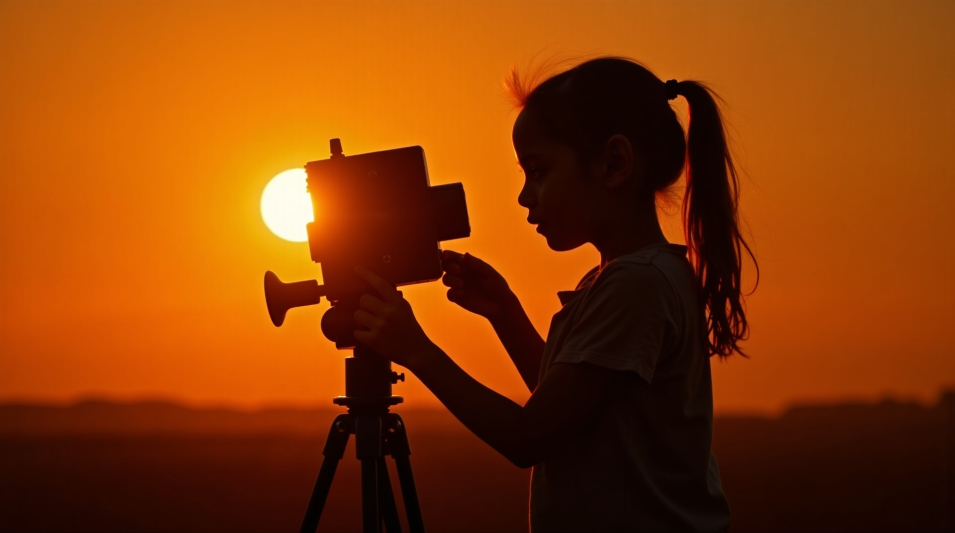 古い8ミリカメラを覗く子供のシルエット