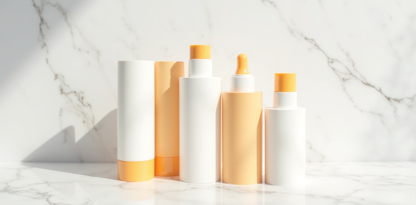 Premium Korean sunscreen SPF products in elegant tubes and bottles arranged on white marble surface for Korean private label sunscreen manufacturing
