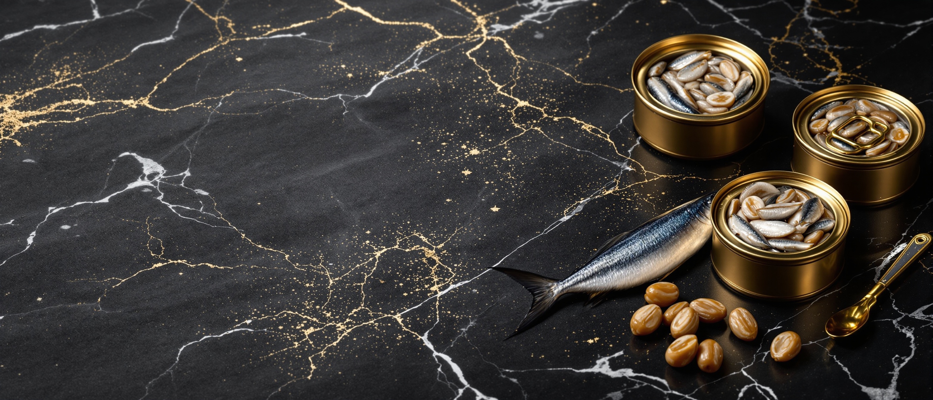 Premium African sardines and mackerel arranged on dark marble