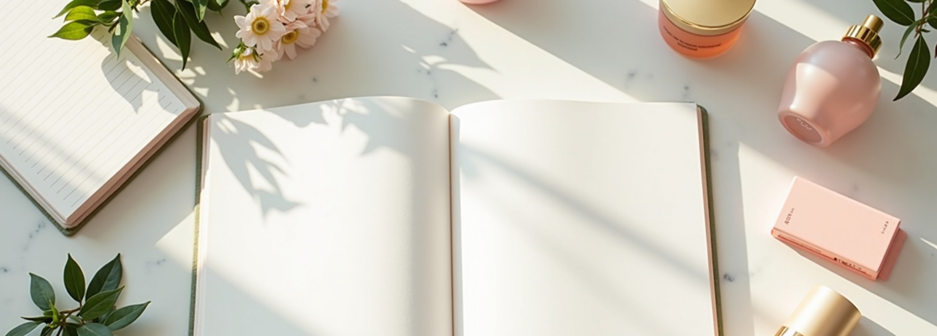 Korean beauty blog editorial workspace with skincare product samples and botanical elements on marble surface