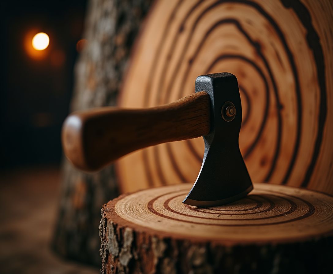 Axe embedded in bullseye target — axe throwing sport at indoor venues