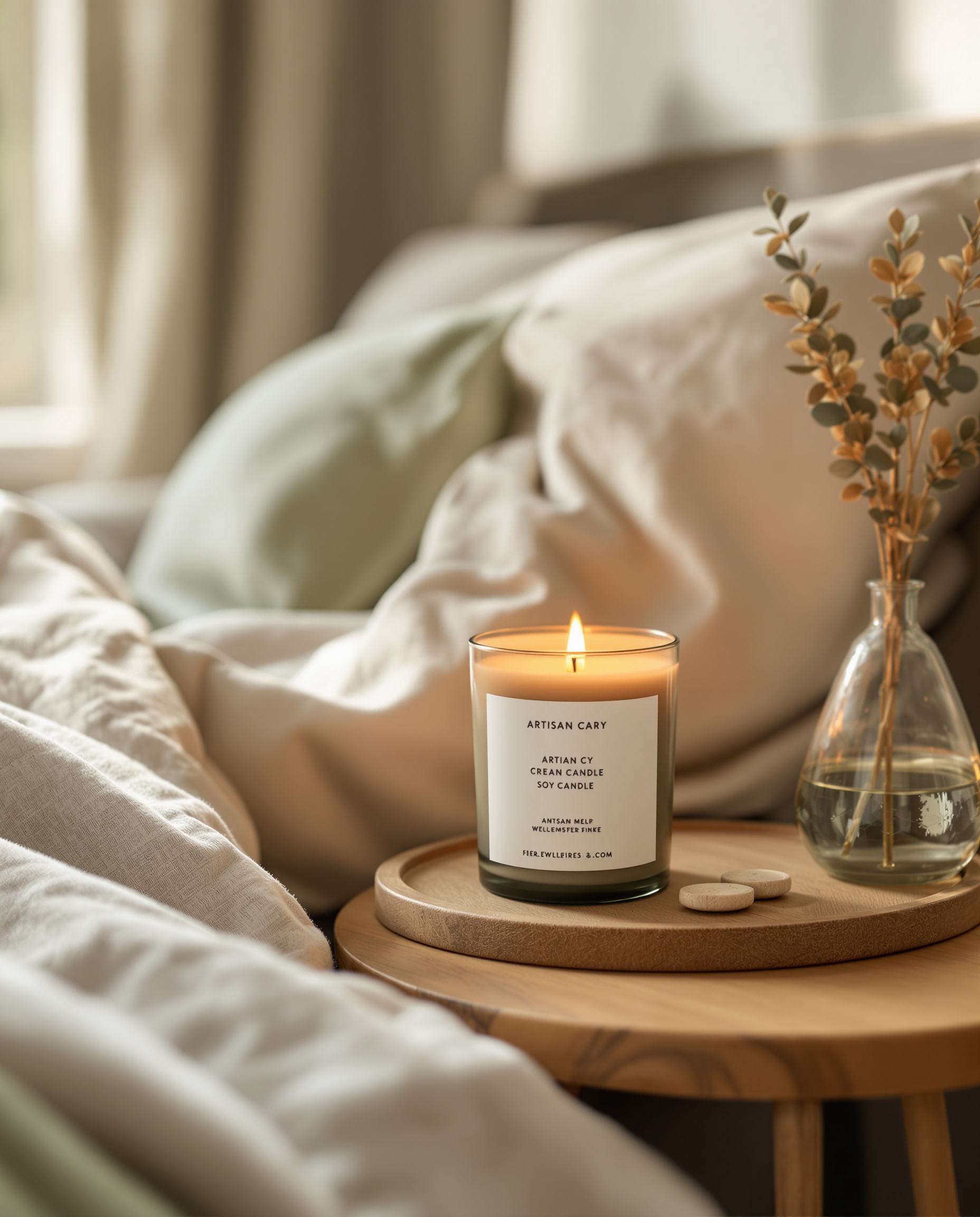Cozy bedroom corner with a lit artisan soy candle on wooden bedside table
