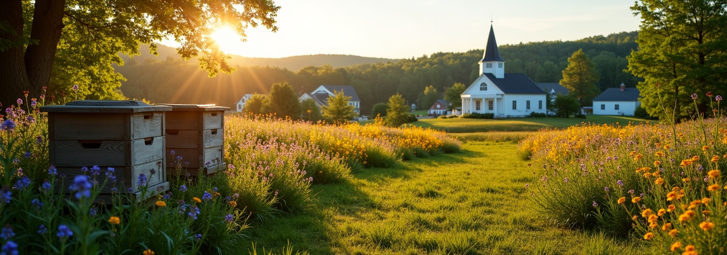 Scenic view of Pittsfield Maine countryside with beehives among wildflower gardens and a charming New England village in the background