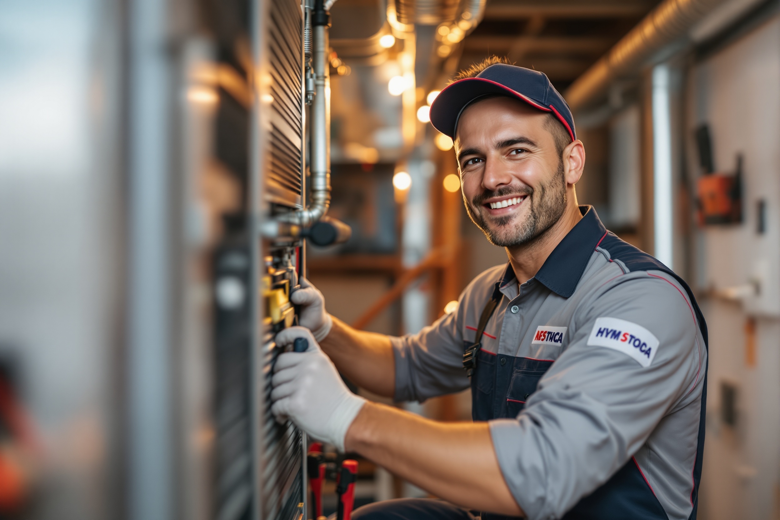 Professional HVAC technician inspecting a modern gas furnace system in a Canadian home