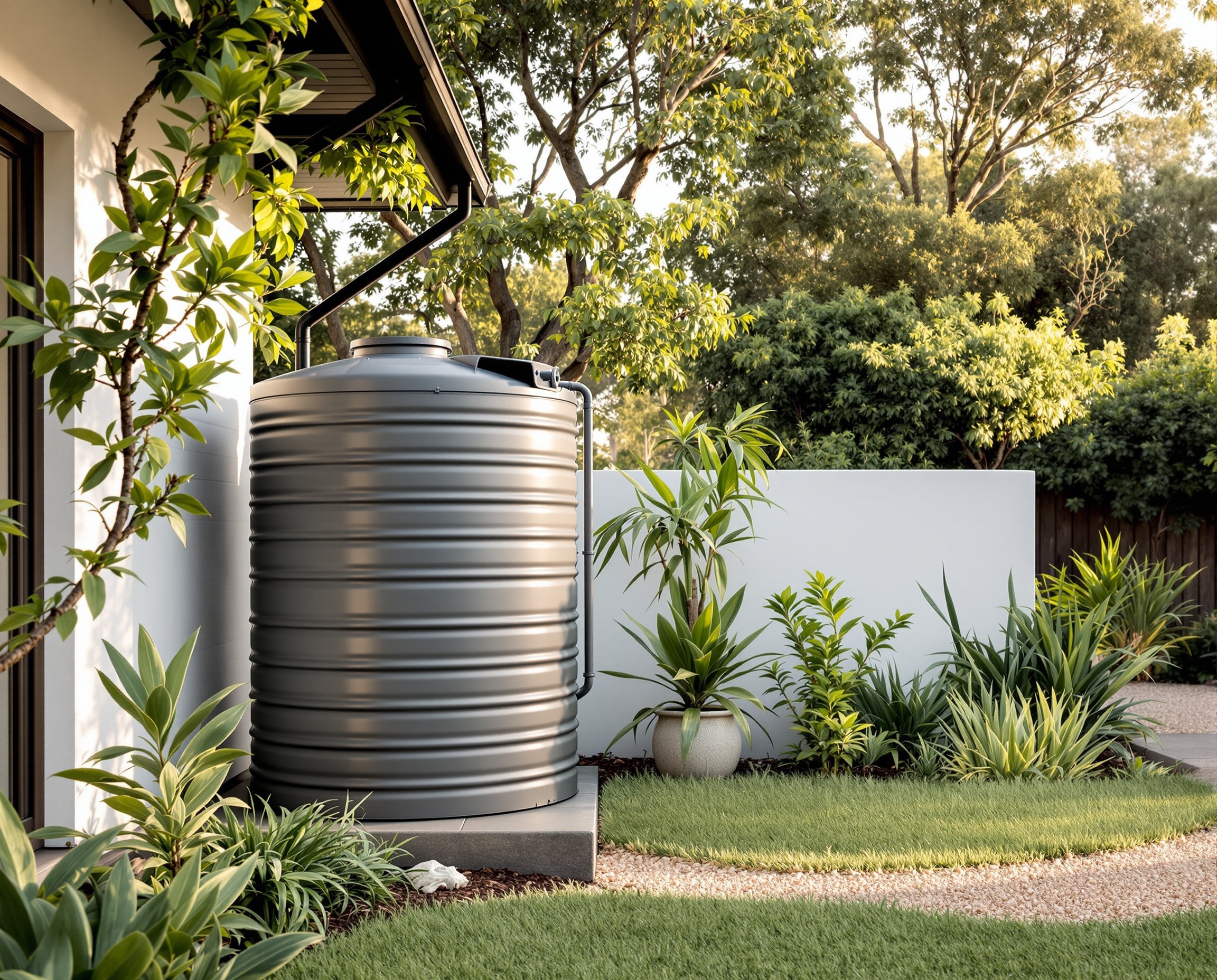 Rainwater tank beside a home in a natural Australian setting