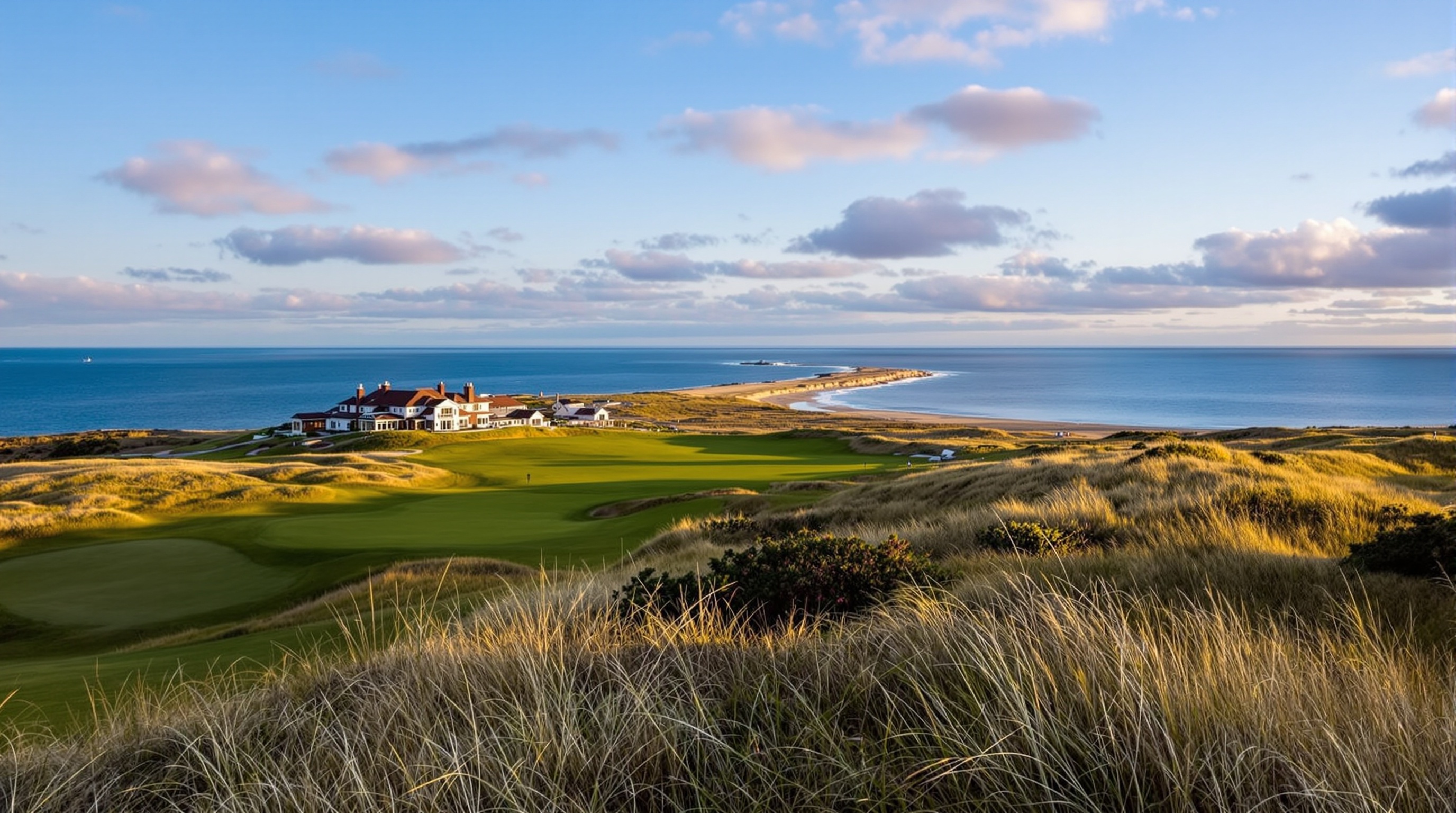 England golf tours — dramatic Open Championship links coastline with historic clubhouse and golden afternoon light