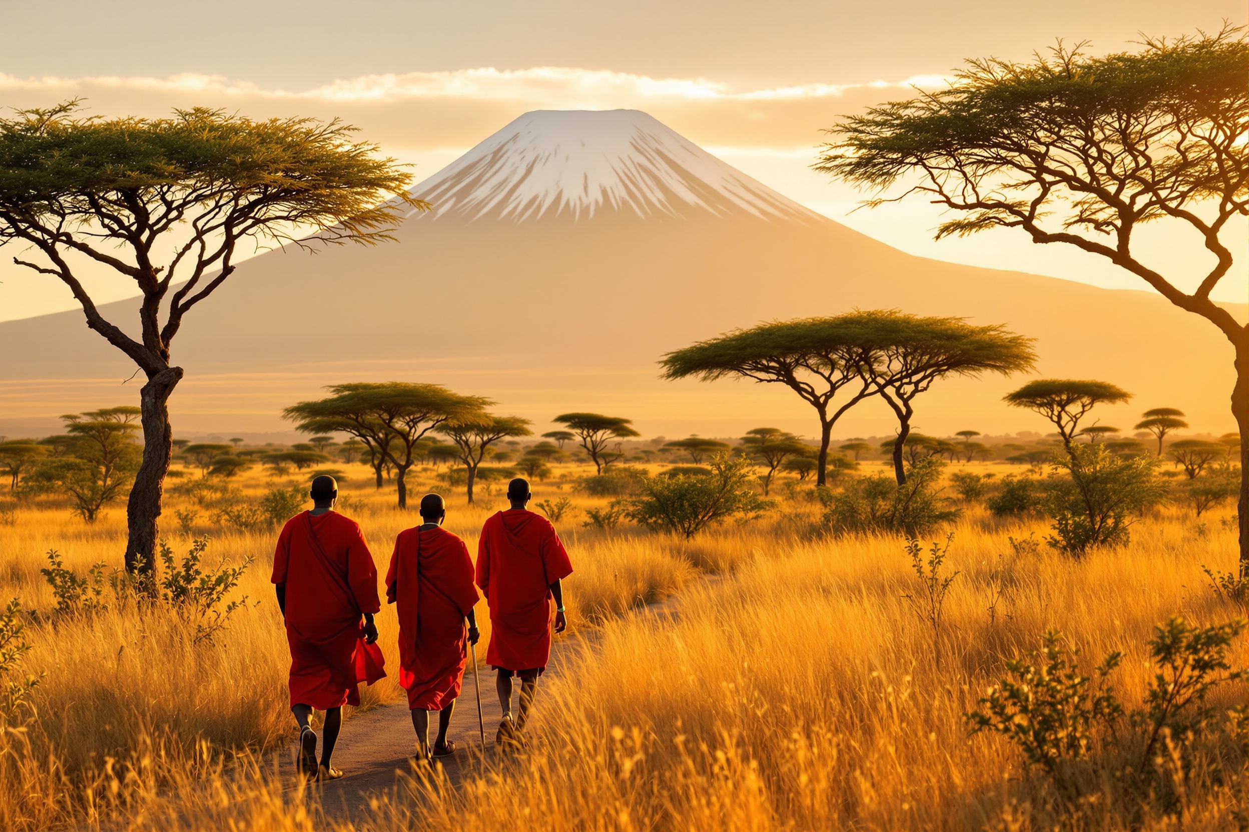 Tourists on a walking safari with Maasai guides in Amboseli National Park, Kenya, with Mount Kilimanjaro in the background