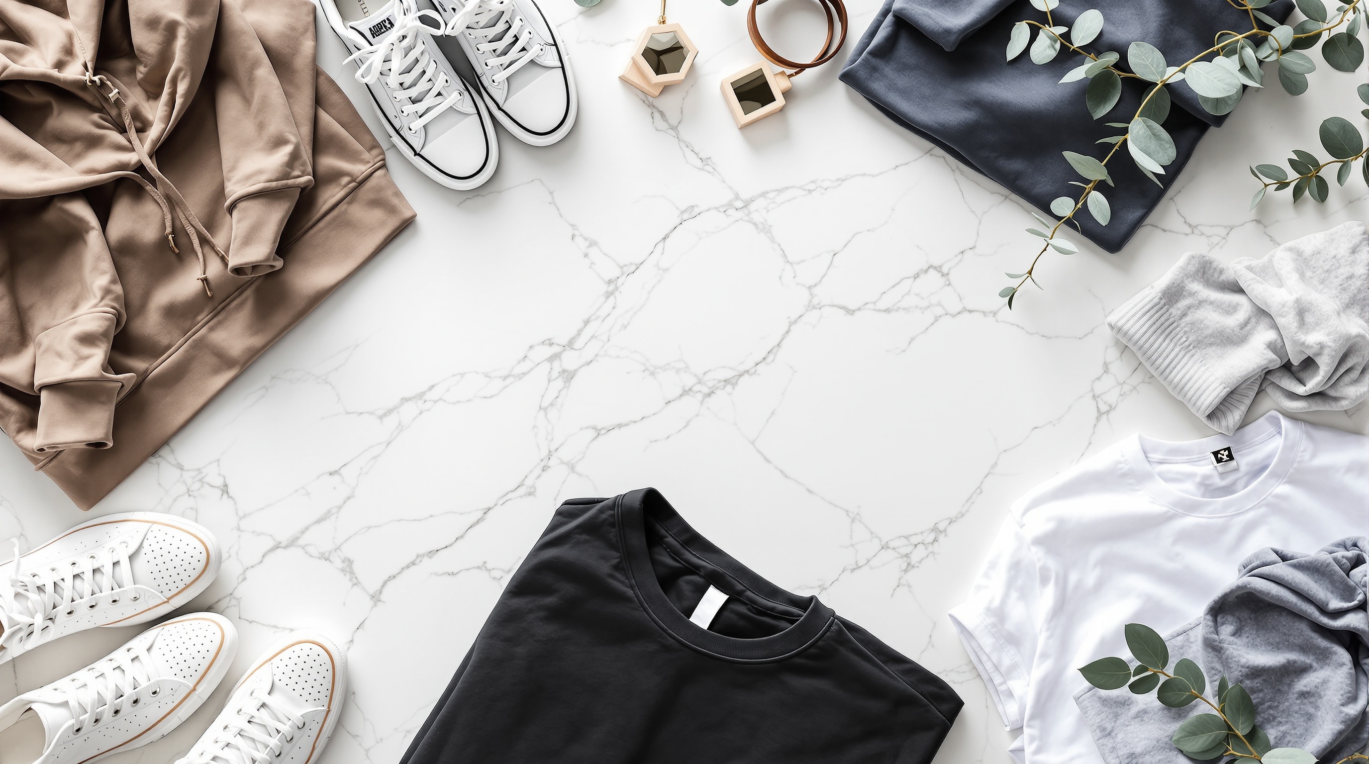Fashion shopping flat lay on warm beige background