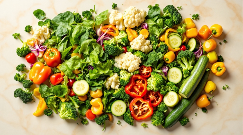 Colorful low-carb keto vegetables including spinach, broccoli, cauliflower, zucchini, cucumber and bell peppers