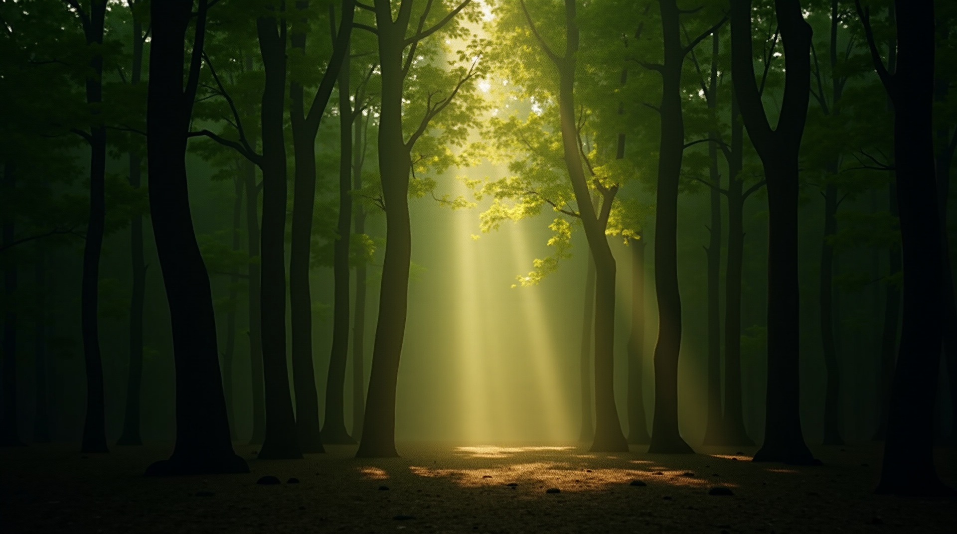 静かな森の中の木漏れ日