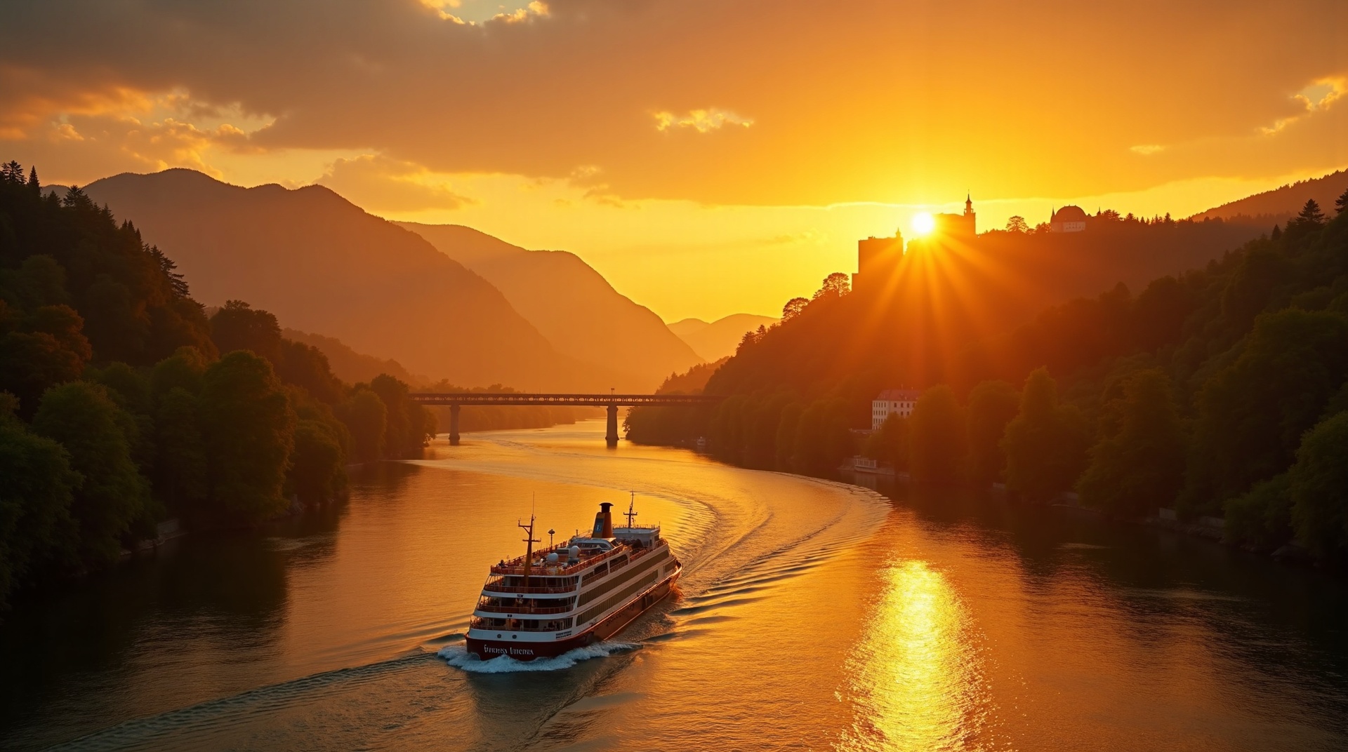 River cruise ship on the Rhine Valley at sunset