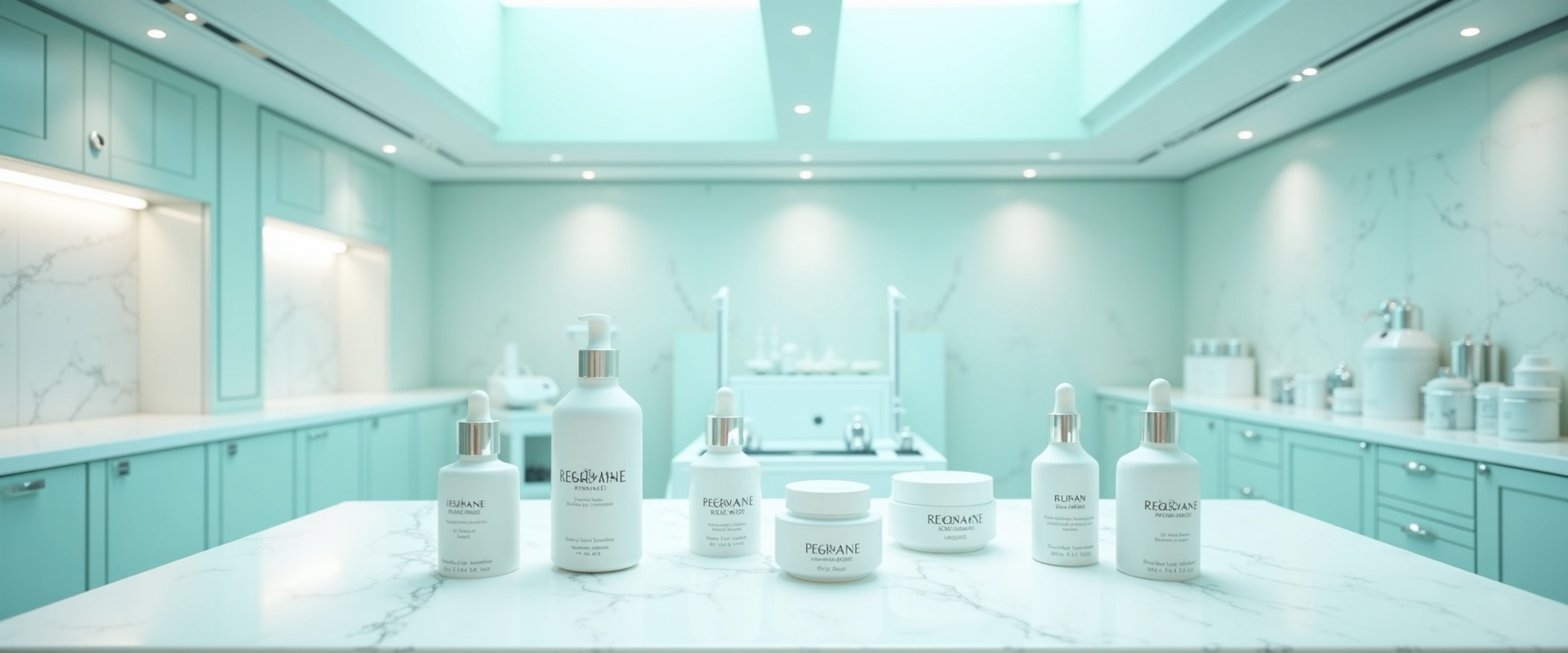 Pristine Korean cosmetic laboratory with skincare bottles and scientific equipment overhead view