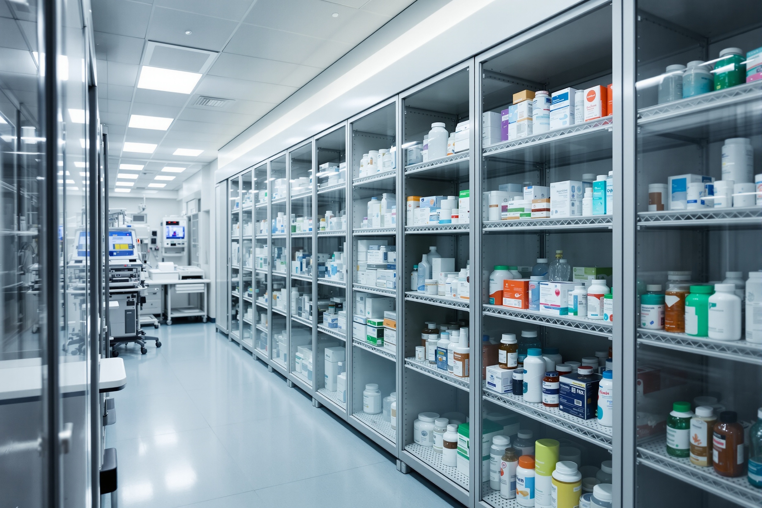 Modern hospital medical equipment and diagnostic devices organized in clinical healthcare facility for fixed asset compliance tracking