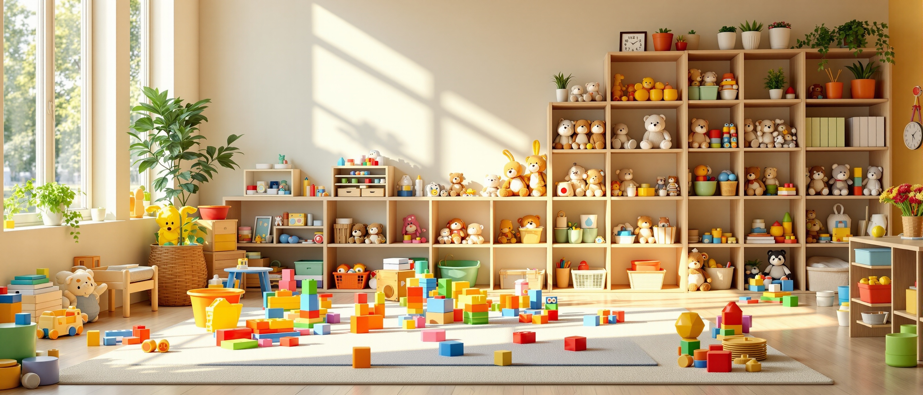Clean daycare playroom with organized toys