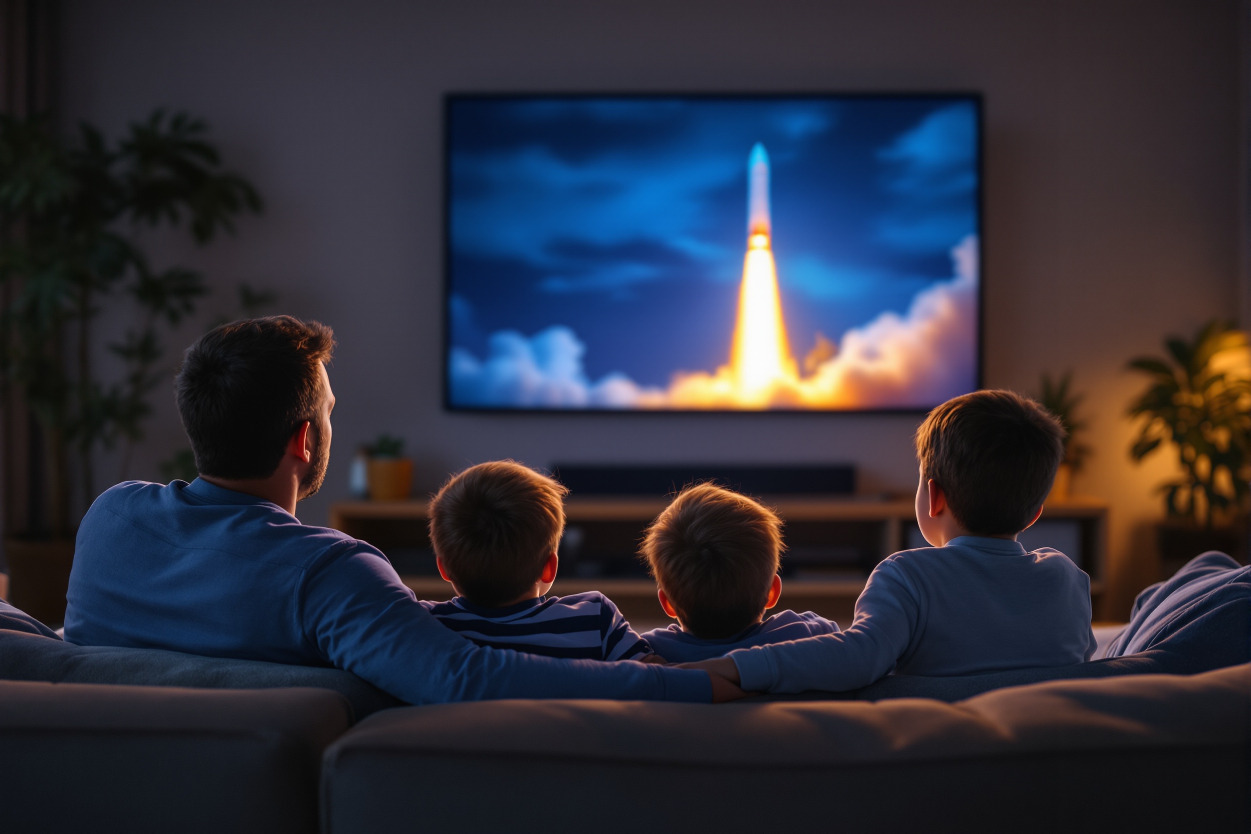 Dad and four boys watching a rocket launch together
