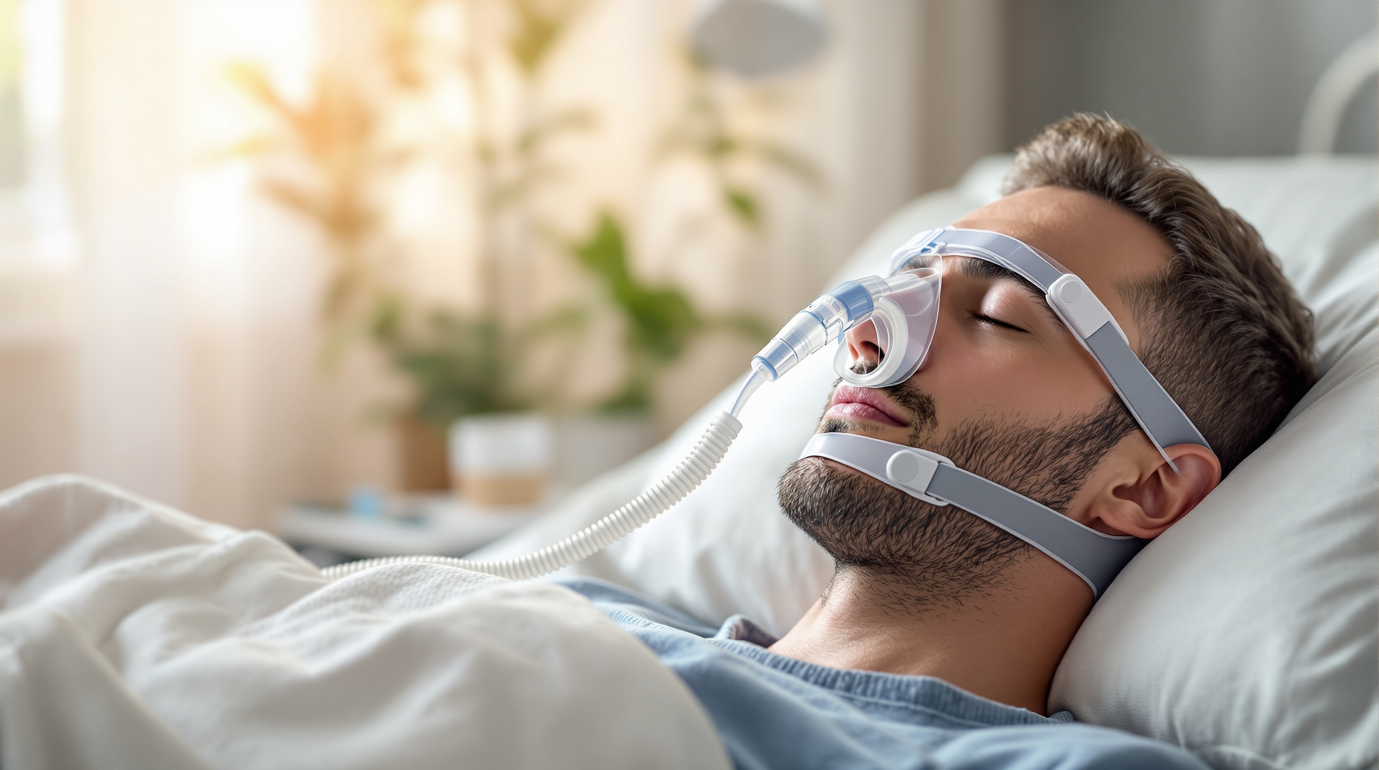 Person sleeping peacefully with CPAP mask - sleep apnoea treatment