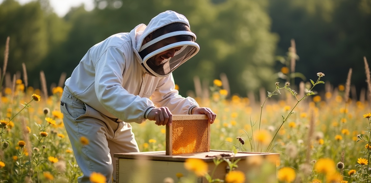 Beekeeper working with hives